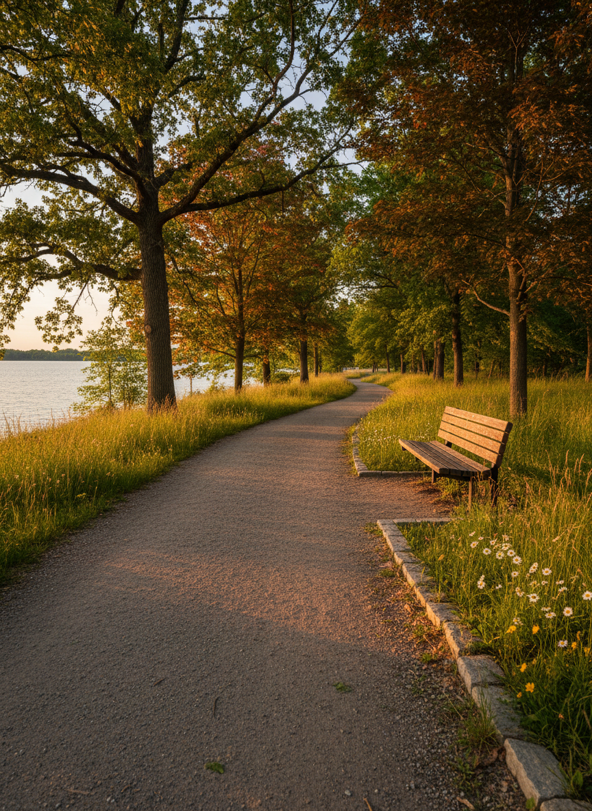A lakeside park trail in Cedar Lake winding through native oaks and prairie grasses in golden afternoon light.