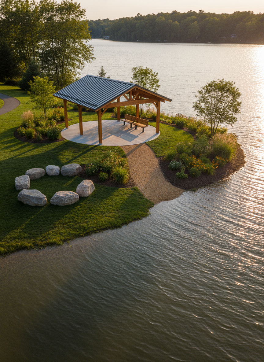 An overhead view of a lakeside pavilion in a Cedar Lake park with a wooden shelter, boulder gathering circle, and gravel path to the water.